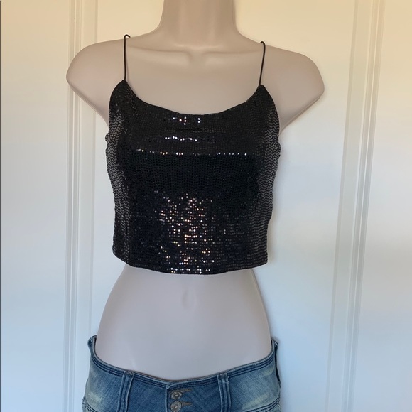 NWT Black Shiny Low Cut Busty Crop Metallic Hologram Festival Tank Top - Picture 4 of 12